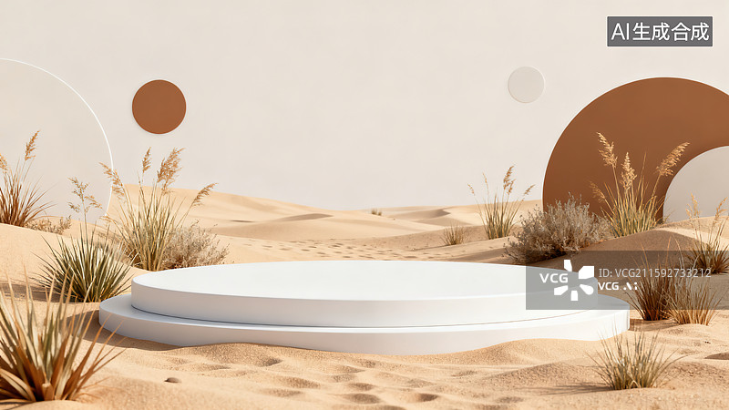 【AI数字艺术】自然简约的沙漠白色圆形展台图片素材