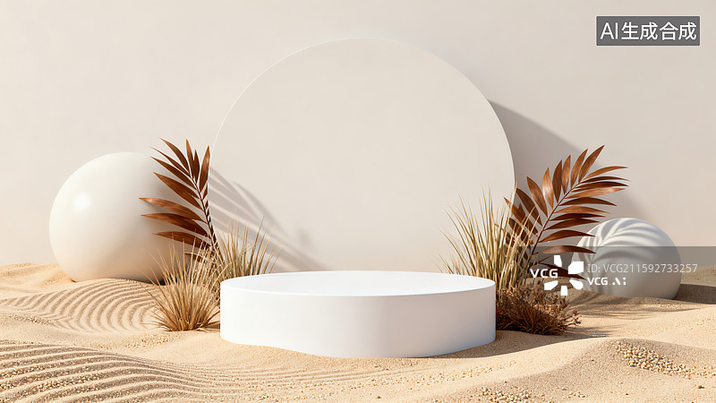 【AI数字艺术】自然简约的沙漠白色圆形展台图片素材