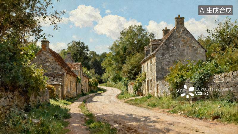 【AI数字艺术】古朴宁静的乡村石屋小路图片素材