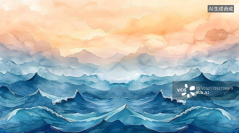 【AI数字艺术】海边沙滩上的海浪   水彩风唯美海景 梦幻海洋的诗意表达图片素材