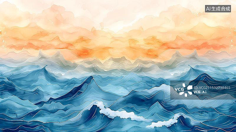【AI数字艺术】海边沙滩上的海浪   水彩风唯美海景 梦幻海洋的诗意表达图片素材