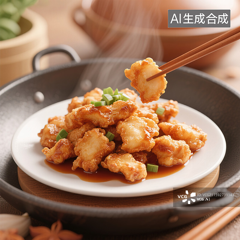 【AI数字艺术】中餐中华美食锅包肉溜肉段糖醋里脊家常菜小炒肉小酥肉年夜饭团圆饭餐厅外卖菜单铁锅盘子清蒸炒菜热气特写图片素材