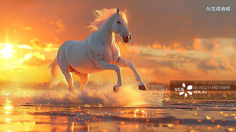 【AI数字艺术】奔腾骏马的日暮剪影   夕阳下海滩奔跑的白马图片素材