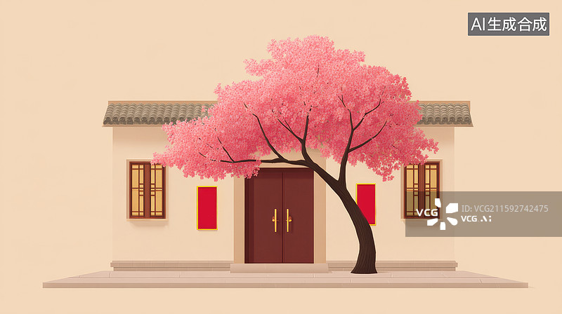 【AI数字艺术】中国传统民居与樱花树图片素材