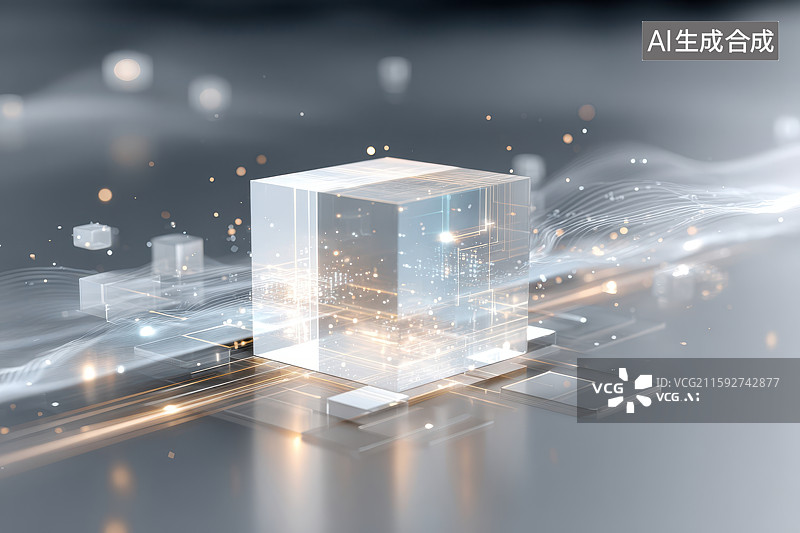 【AI数字艺术】透明立方体科技感光点微粒悬浮图图片素材