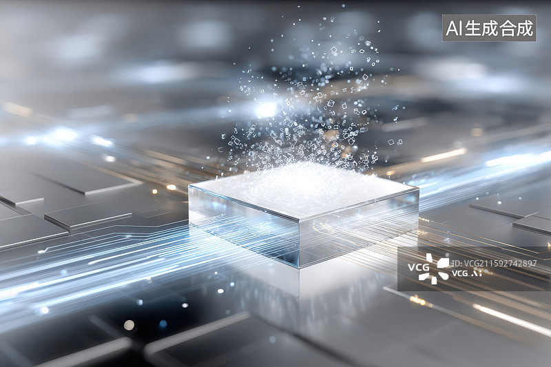 【AI数字艺术】透明立方体科技感光点微粒悬浮图图片素材