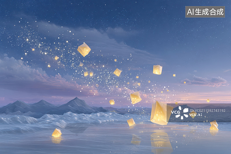 【AI数字艺术】湖面孔明灯夜空山峦梦幻夜景图图片素材