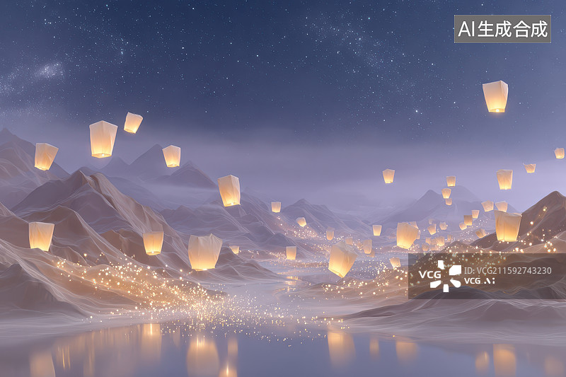 【AI数字艺术】湖面孔明灯夜空山峦梦幻夜景图图片素材