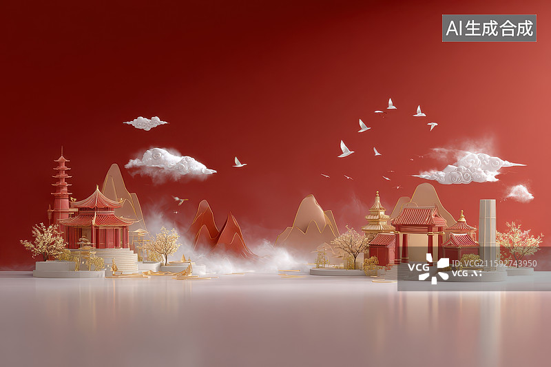 【AI数字艺术】红色背景中式山水亭台建筑景观图图片素材
