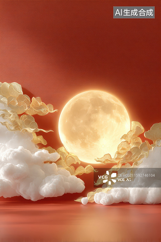 【AI数字艺术】金黄枝叶圆月红云唯美意境图图片素材