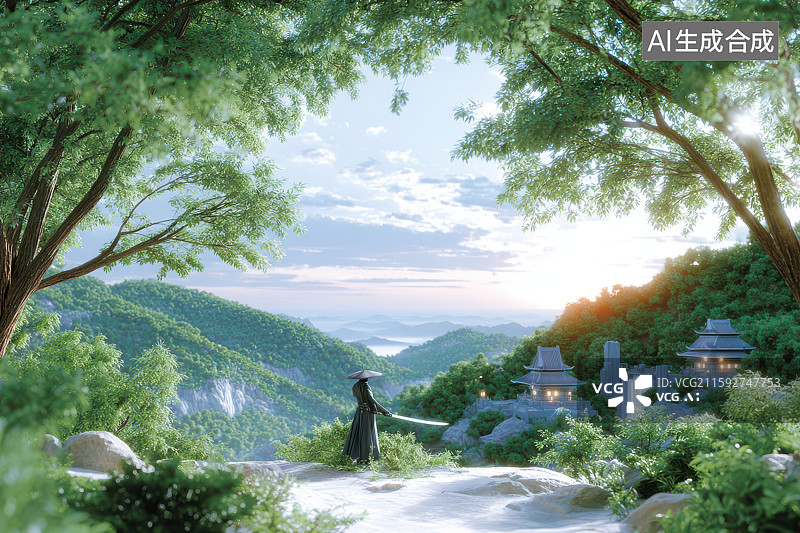 【AI数字艺术】古风人物山林云海远眺意境图图片素材