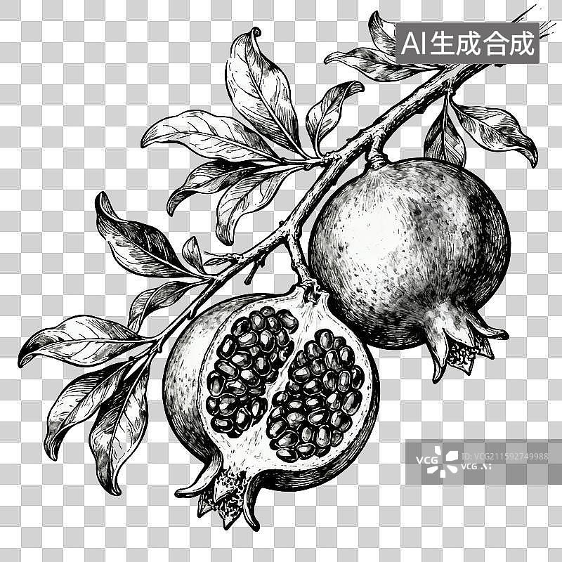 【AI数字艺术】黑白手绘石榴图片素材
