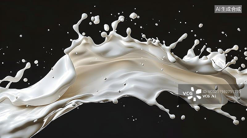 【AI数字艺术】泼洒的牛奶创意插画   牛奶皇冠的绽放  牛奶液体飞溅场景插图  黑色背景上飞溅的牛奶图片素材