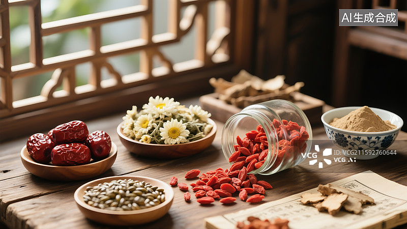 【AI数字艺术】中医药养生茶，红枣，枸杞，菊花，决明子图片素材