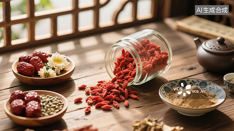 【AI数字艺术】中医药养生茶，红枣，枸杞，菊花，决明子图片素材