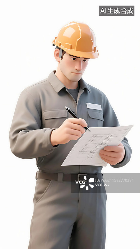 【AI数字艺术】AIGC：3D卡通人物 男性工程师查看蓝图并记录图片素材