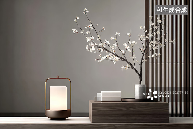 【AI数字艺术】简约室内装饰：花枝与台灯图片素材