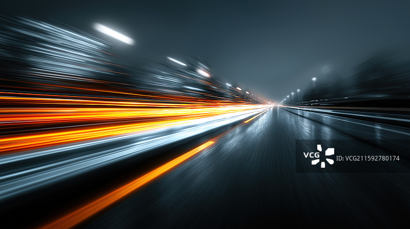 高速光，蓝色和橙色条纹，采用抽象的未来主义技术概念，在快进的时间线背景下显示运动模糊图片素材