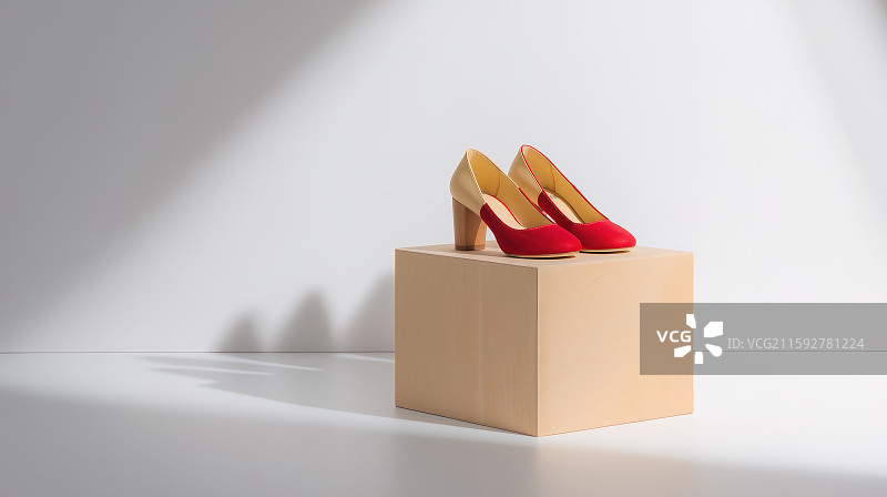时尚鞋履陈列在简约的底座上，工作室的灯光干净利落。图片素材