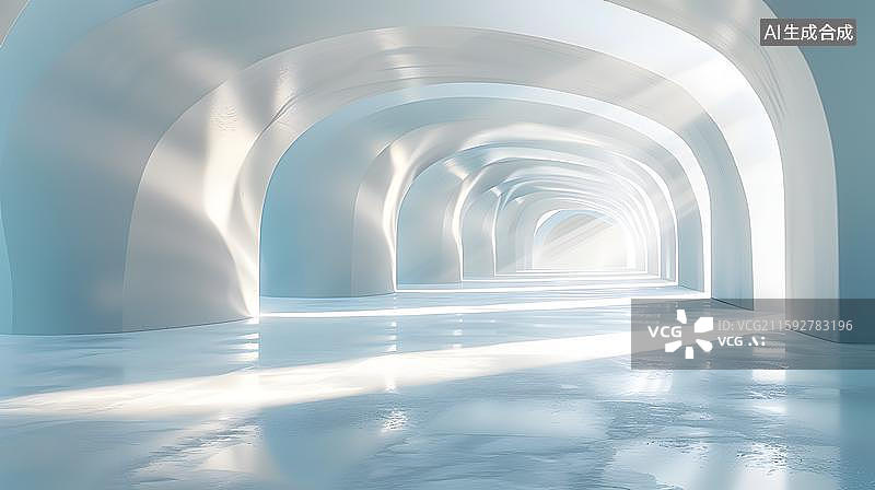 【AI数字艺术】混凝土结构的延伸感 霓虹灯光构成的未来隧道 科技感十足的无限延伸空间图片素材