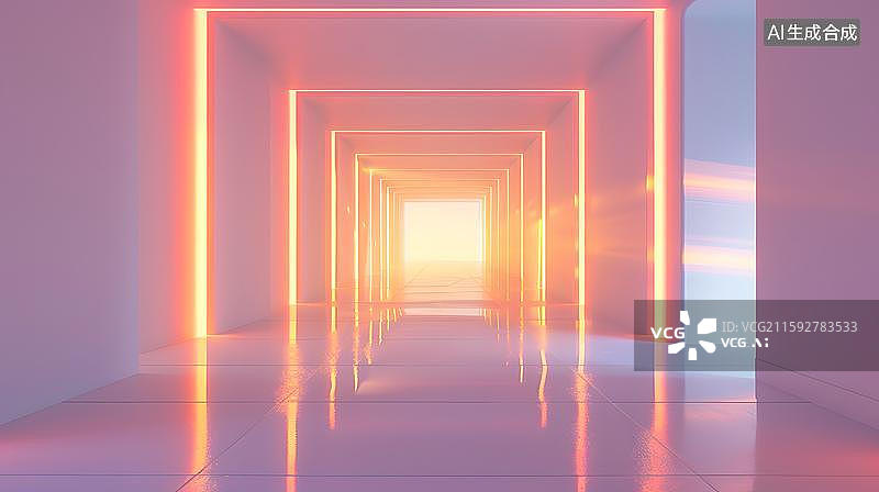 【AI数字艺术】混凝土结构的延伸感 霓虹灯光构成的未来隧道 科技感十足的无限延伸空间图片素材