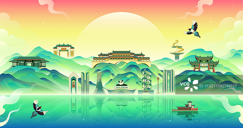 成都城市建筑山水国风插画图片素材