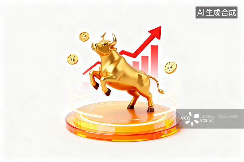 【AI数字艺术】金色公牛与上升箭头代表股市图片素材