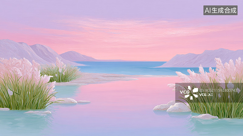 【AI数字艺术】粉紫色调的水边芒草风光图片素材