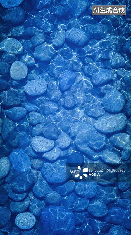 【AI数字艺术】清澈水面下的蓝色鹅卵石图片素材