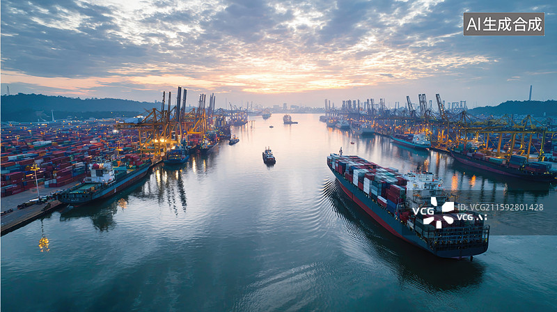 【AI数字艺术】港口日落，货船穿梭繁忙景象图片素材