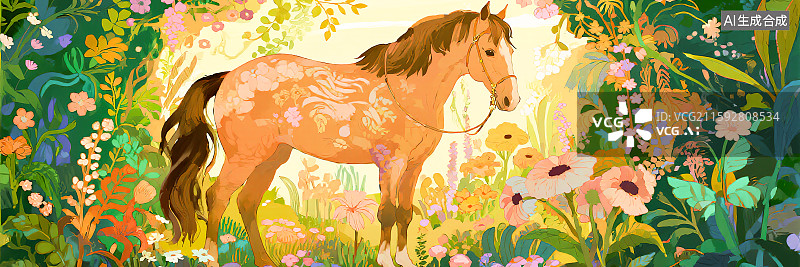 【AI数字艺术】2026马年时尚潮流创意插图装饰画印花图案丝巾包装主视觉手绘风格背景壁纸秘密花园鲜花盛开花丛树林清新图片素材