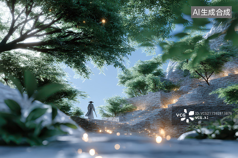 【AI数字艺术】山间行者眺望古朴村落图片素材