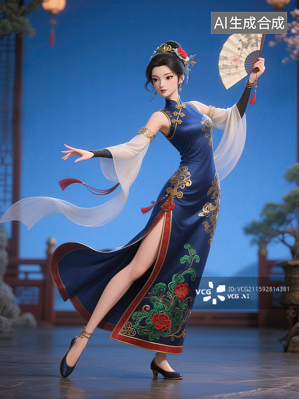 【AI数字艺术】穿旗袍的中国美女卡通角色图片素材