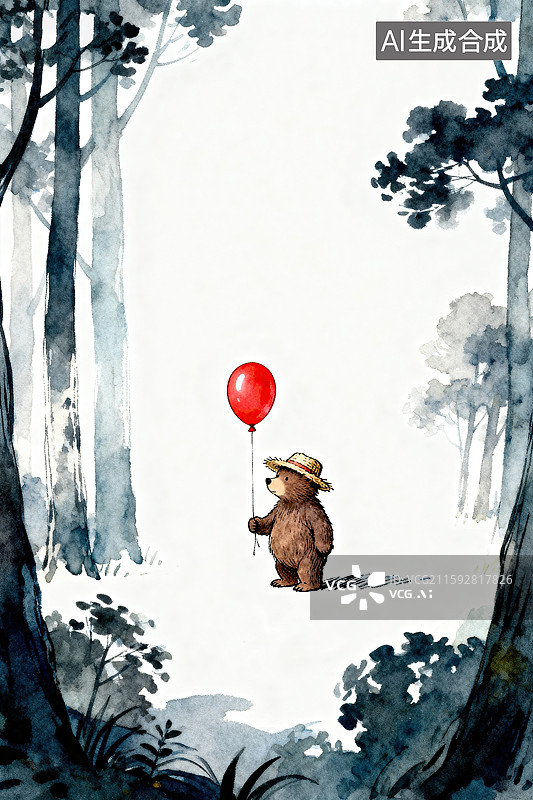 【AI数字艺术】森林中手拿气球的小熊手绘插画图片素材
