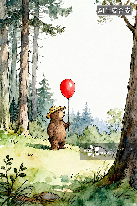 【AI数字艺术】森林中手拿气球的小熊手绘插画图片素材