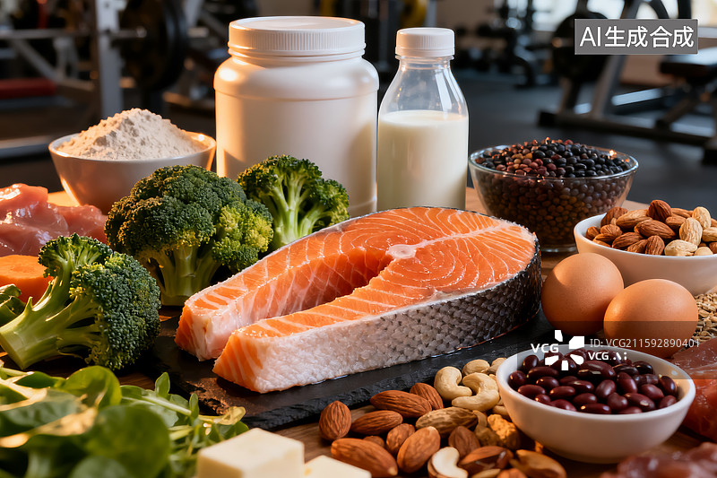 【AI数字艺术】健身房场景下的健身营养食材集合 三文鱼与各类健康食物图片素材