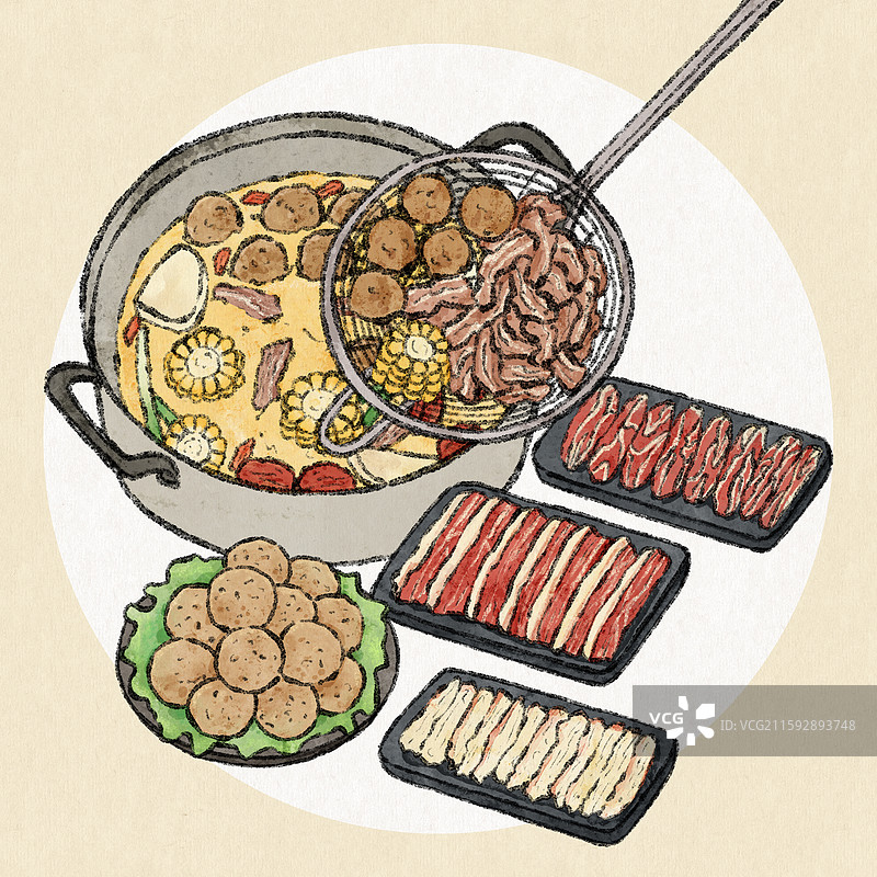 潮汕美食插画-牛肉火锅图片素材