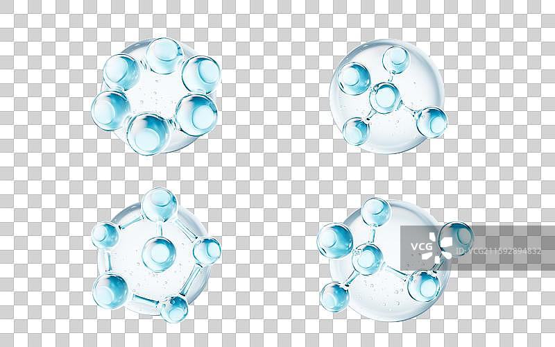 蓝色透明气泡与护肤品分子三维渲染图片素材