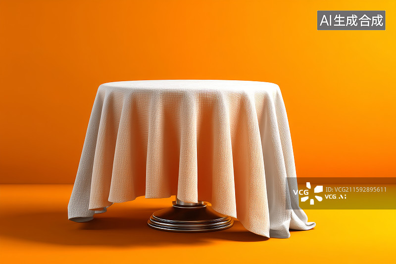 【AI数字艺术】橙色背景下的白色布幔圆桌图片素材