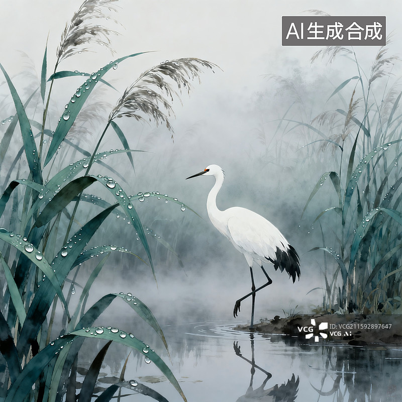 【AI数字艺术】晨雾，湖边湿地芦苇荡，上面露水，一只仙鹤悠闲散步图片素材