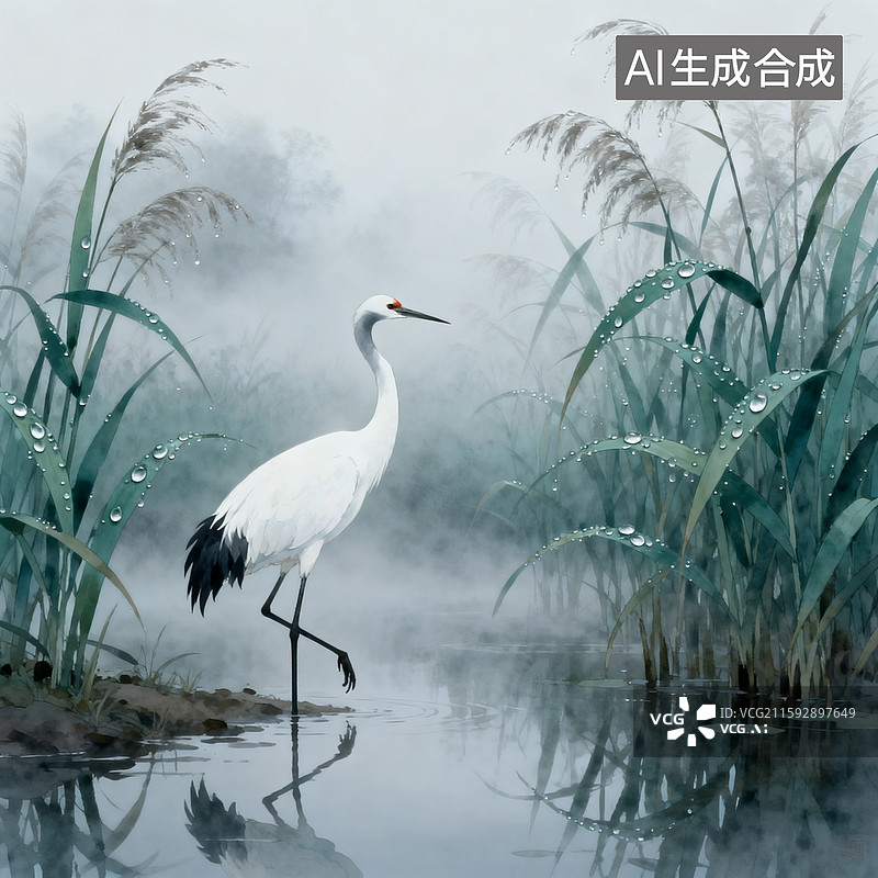 【AI数字艺术】晨雾，湖边湿地芦苇荡，上面露水，一只仙鹤悠闲散步图片素材