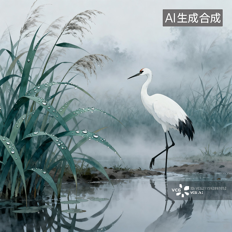 【AI数字艺术】晨雾，湖边湿地芦苇荡，上面露水，一只仙鹤悠闲散步图片素材