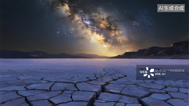 【AI数字艺术】银河横跨干裂荒漠：星空下的大地壮美景观图片素材
