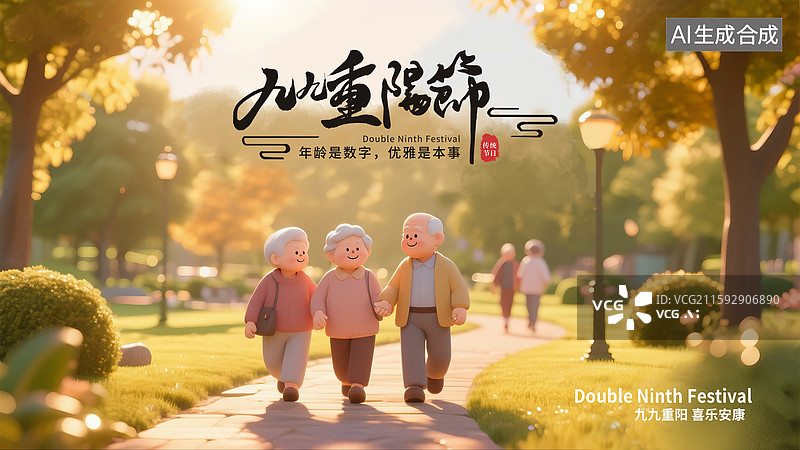 【AI数字艺术】重阳节关爱老人插画海报模版 秋日公园阳相约散步的老人们  结伴养老享受晚年品质生活 养老院背景 横版图片素材