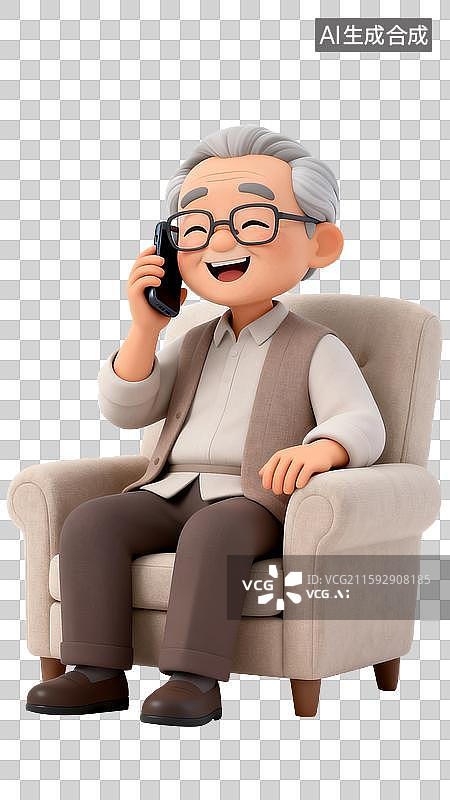 【AI数字艺术】手拿手机的老人坐在沙发上打电话图片素材