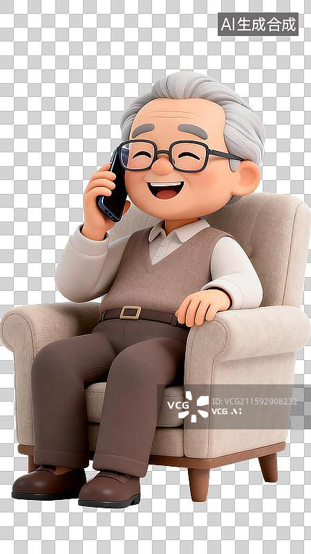 【AI数字艺术】手拿手机的老人坐在沙发上打电话图片素材