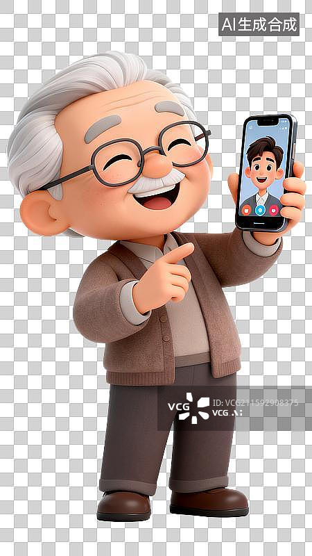 【AI数字艺术】手拿手机的快乐的老人在视频通话图片素材