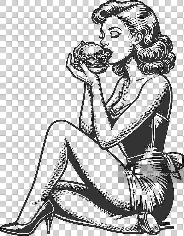 穿着复古风格的女性正在吃汉堡图片素材