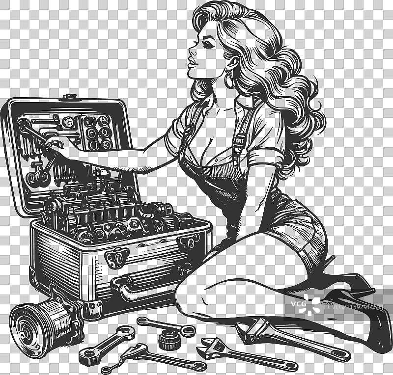 穿着性感的机械师与工具图片素材