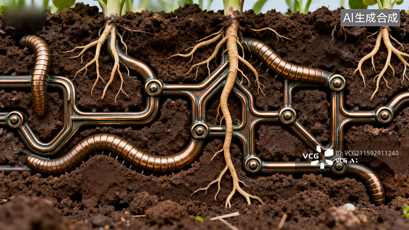 【AI数字艺术】土壤中的机械蚯蚓与植物根系图片素材